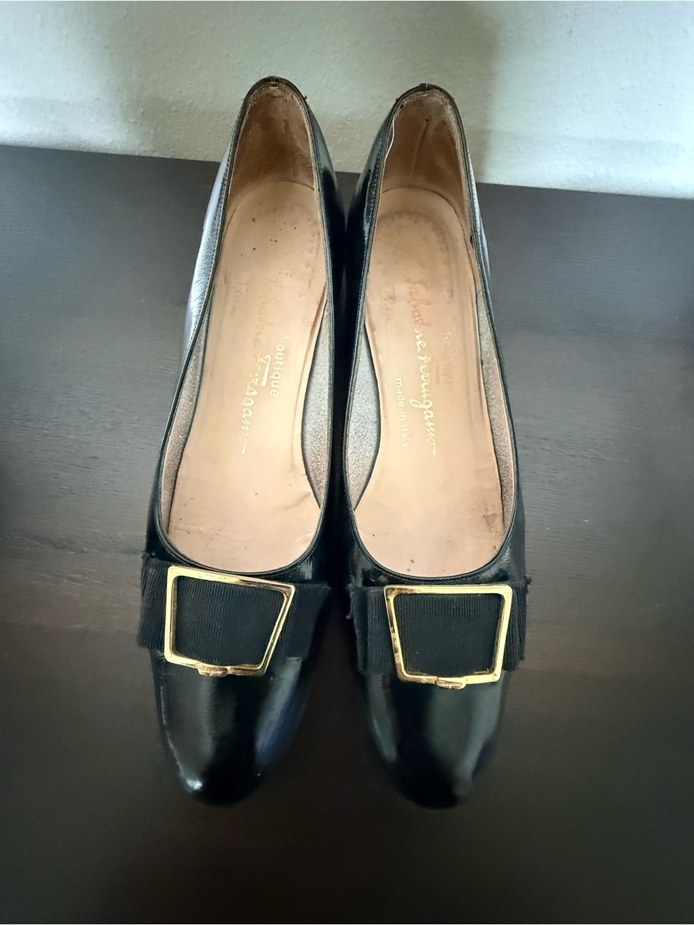 Salvatore Ferragamo Vintage Black Patent Vara Bow Low Block Heel Pumps